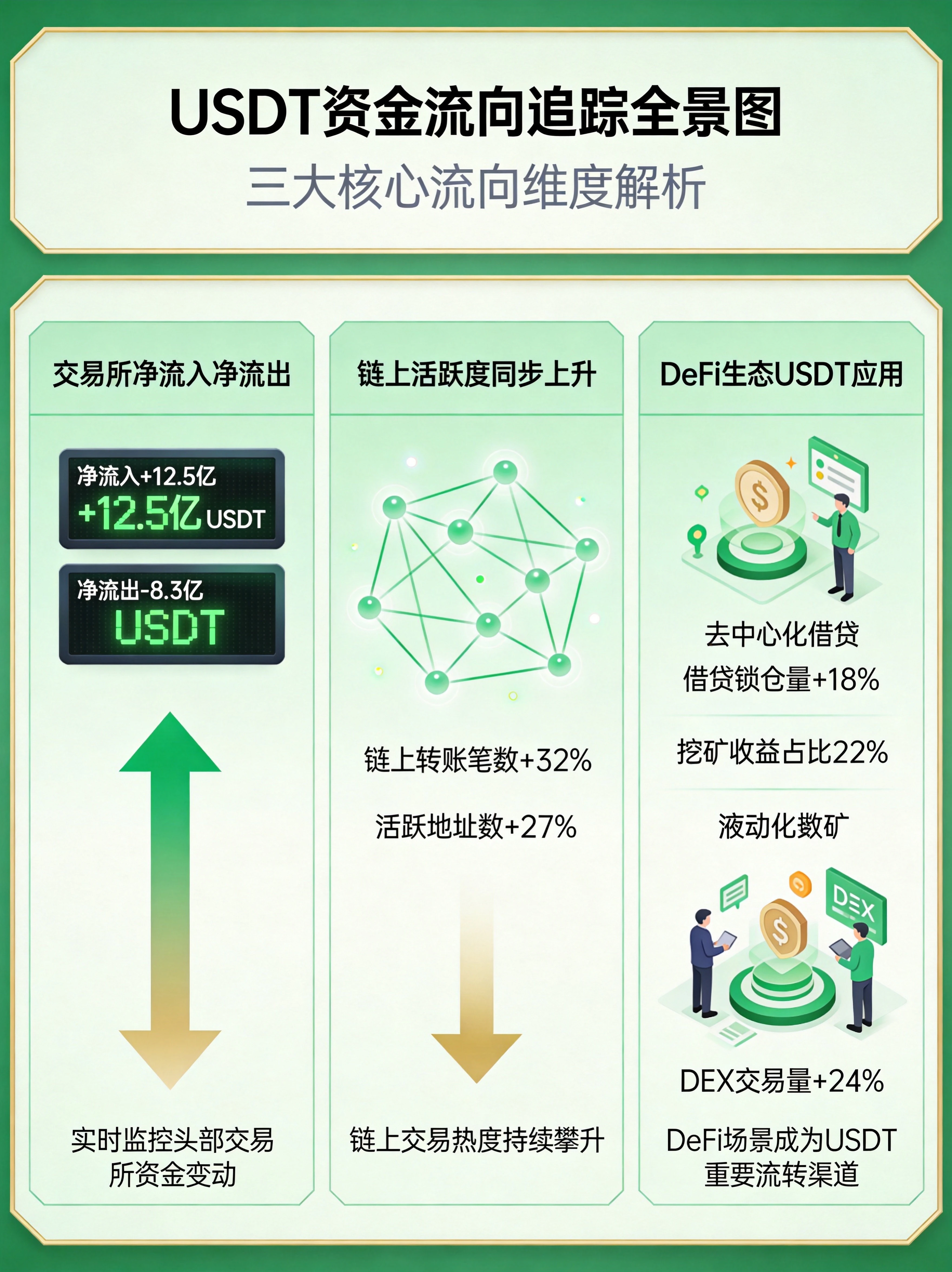 USDT资金流向追踪全景图,交易所余额变化、链上活跃度上升、DeFi生态应用三大维度展示 USDT资金流向追踪全景图,交易所余额变化、链上活跃度上升、DeFi生态应用三大维度展示