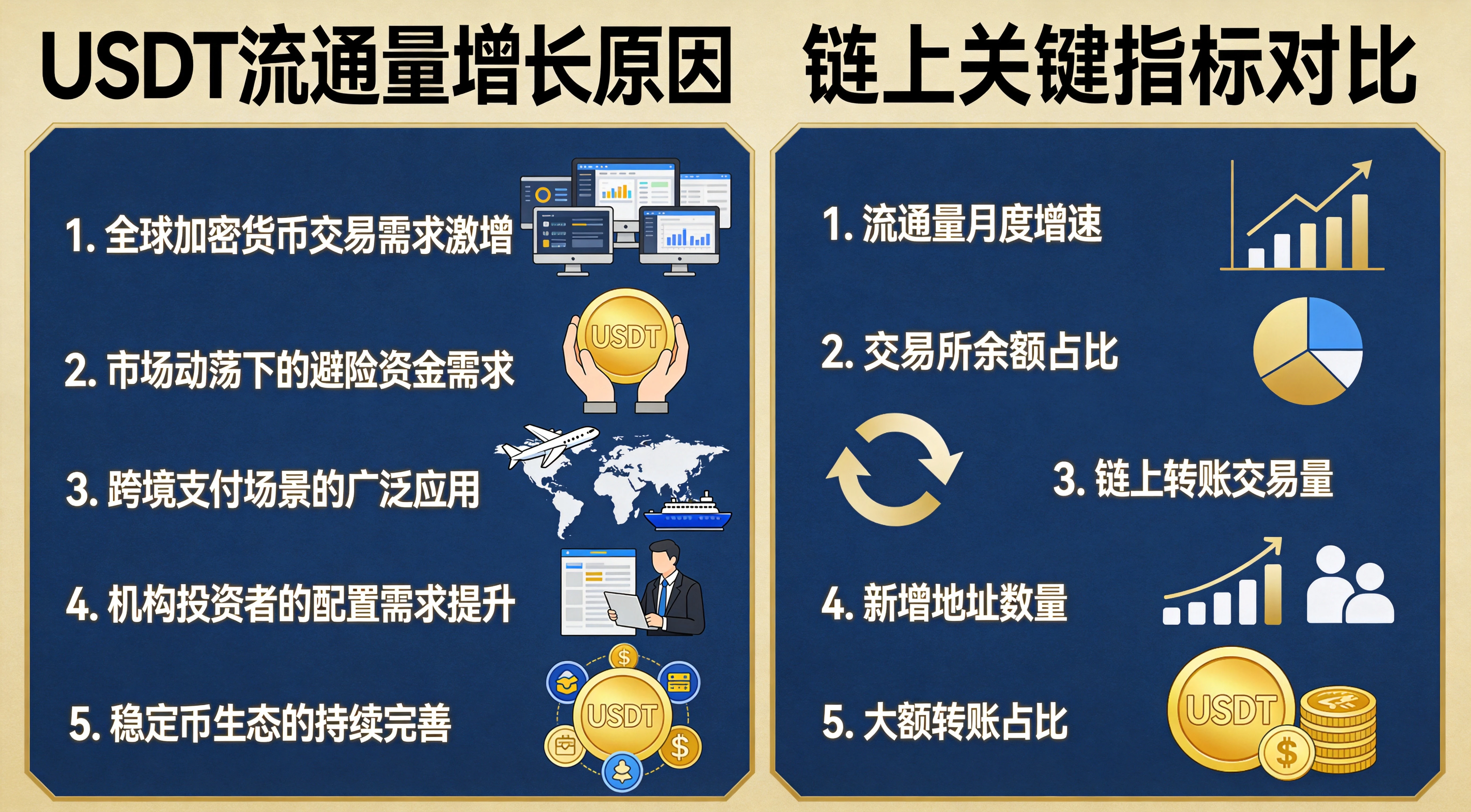 USDT流通量增长原因与链上关键指标对比图,左侧呈现交易需求、避险需求等5项增长原因,右侧列出流通量增速、交易所余额等5项链上指标,金蓝简约信息图风格 USDT流通量增长原因与链上关键指标对比图,左侧呈现交易需求、避险需求等5项增长原因,右侧列出流通量增速、交易所余额等5项链上指标,金蓝简约信息图风格
