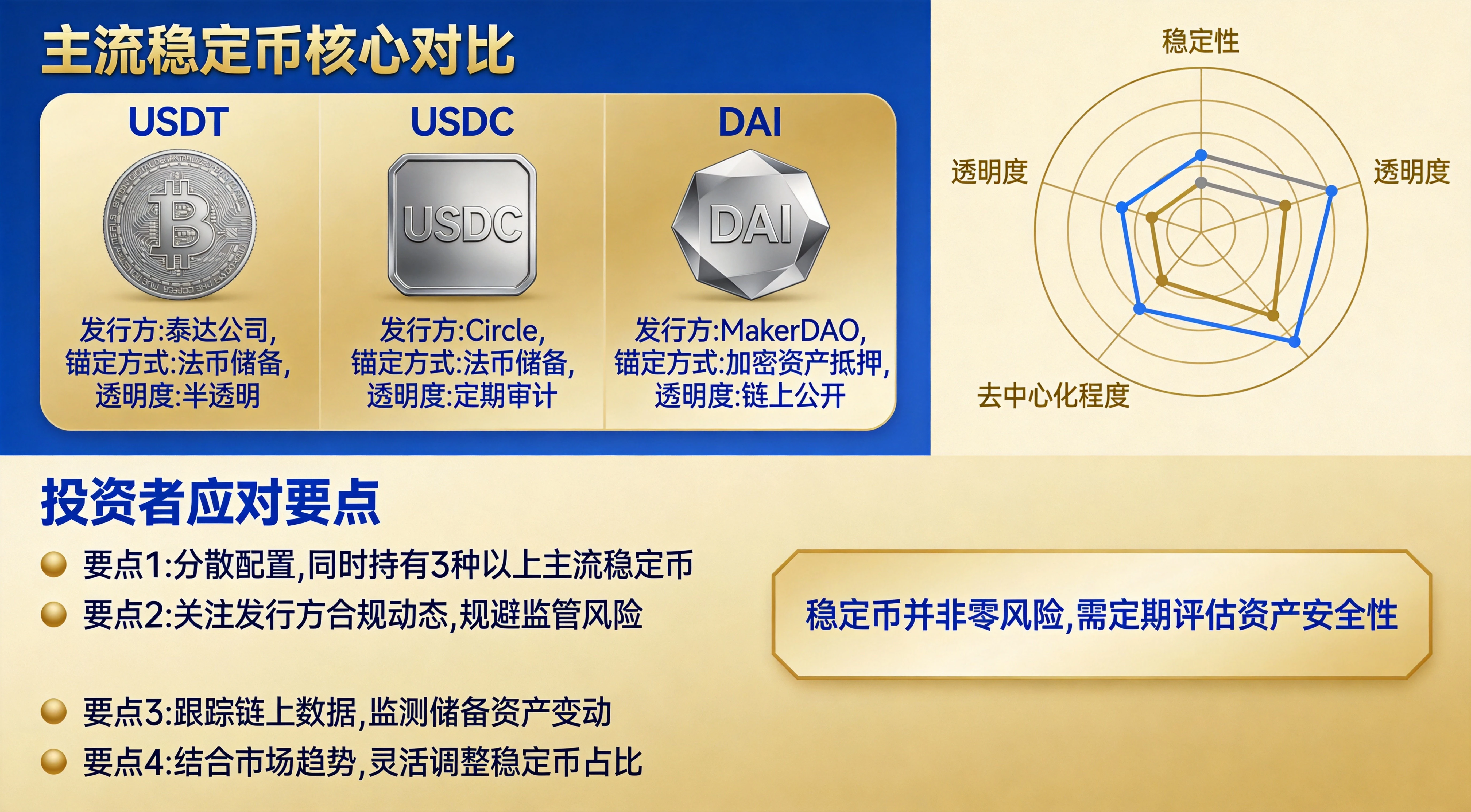 主流稳定币对比与投资者应对策略图,上半部分展示USDT与USDC、DAI等稳定币的核心差异,下半部分列出普通投资者的4项应对要点,金蓝专业信息图风格 主流稳定币对比与投资者应对策略图,上半部分展示USDT与USDC、DAI等稳定币的核心差异,下半部分列出普通投资者的4项应对要点,金蓝专业信息图风格