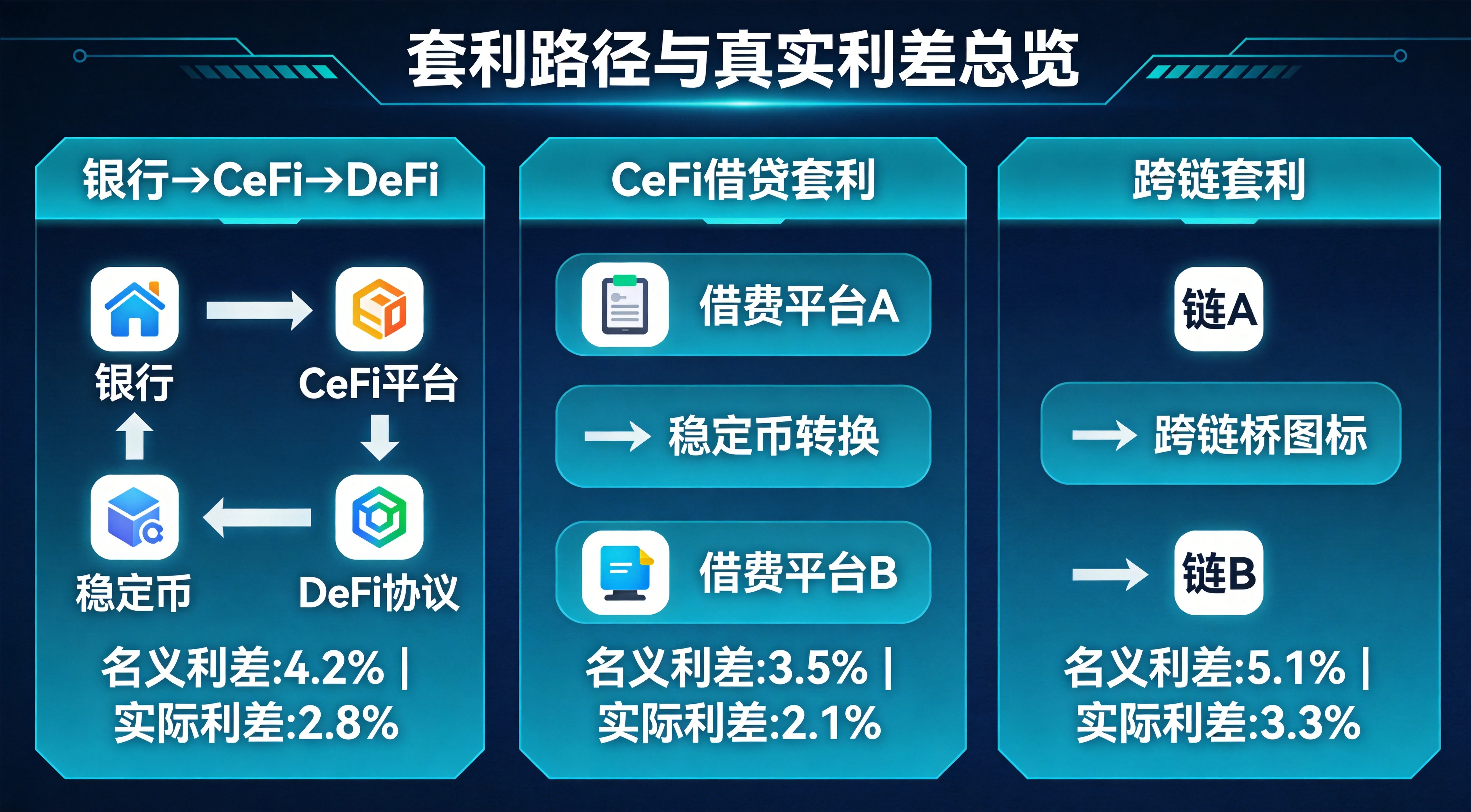 套利路径与真实利差总览图,完整呈现银行→CeFi→DeFi、CeFi借贷套利、跨链套利三种核心套利路径的操作步骤,以及各路径的名义利差和扣除各项成本后的实际利差,帮助读者快速把握套利的核心路径和真实收益空间 套利路径与真实利差总览图,完整呈现银行→CeFi→DeFi、CeFi借贷套利、跨链套利三种核心套利路径的操作步骤,以及各路径的名义利差和扣除各项成本后的实际利差,帮助读者快速把握套利的核心路径和真实收益空间