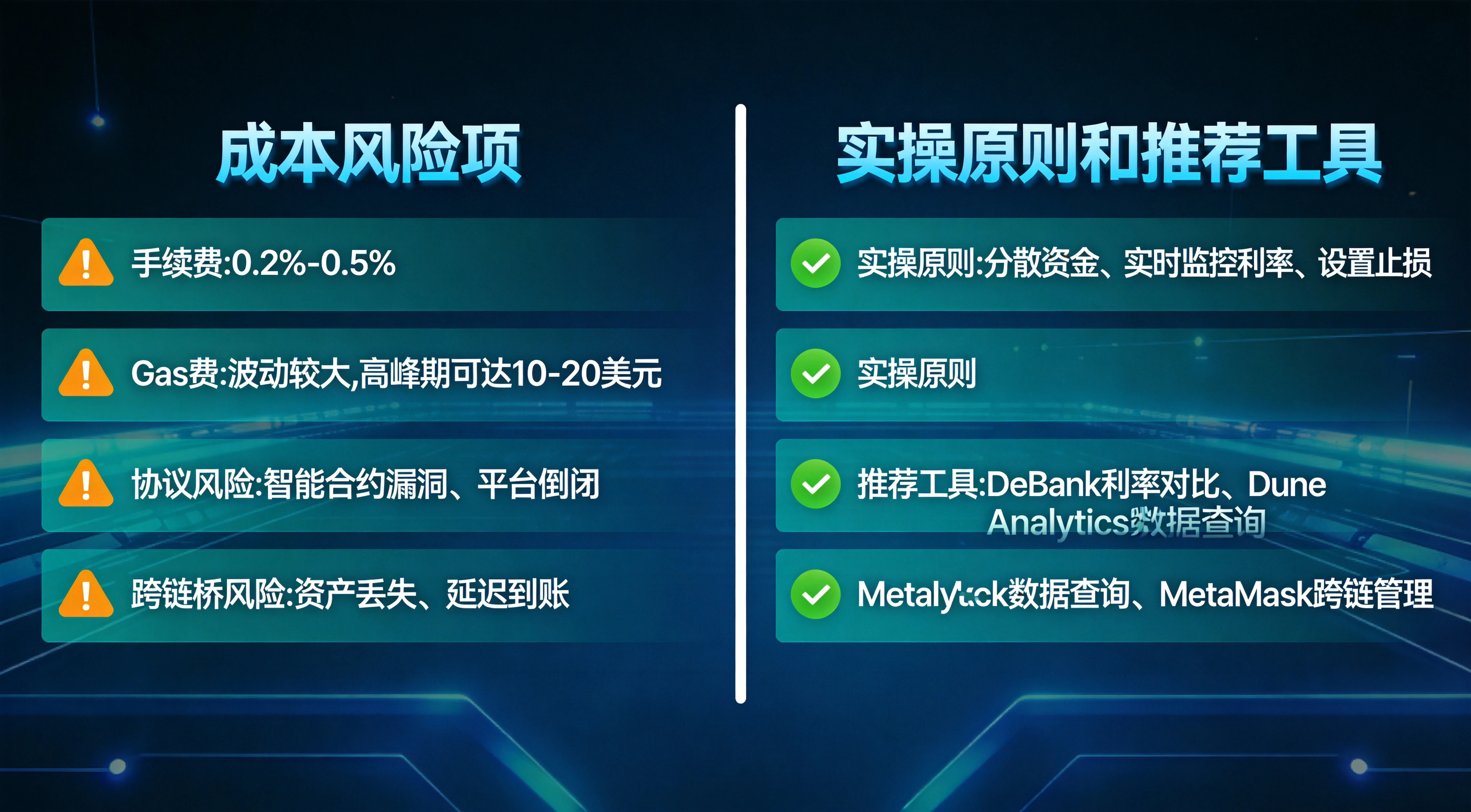 套利成本风险与实操建议总览图,清晰呈现稳定币套利过程中的核心成本项(手续费、Gas费、汇率损失等)和核心风险点(协议漏洞、跨链桥攻击、平台暴雷等),同时列出安全操作原则和实用工具推荐,帮助读者全面把握套利的风险与实操要点 套利成本风险与实操建议总览图,清晰呈现稳定币套利过程中的核心成本项(手续费、Gas费、汇率损失等)和核心风险点(协议漏洞、跨链桥攻击、平台暴雷等),同时列出安全操作原则和实用工具推荐,帮助读者全面把握套利的风险与实操要点